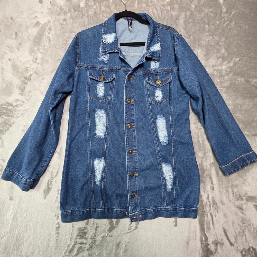 28 Graus Womens Distressed Denim Shirt Dress Medium Wash Long Sleeve Shacket GG